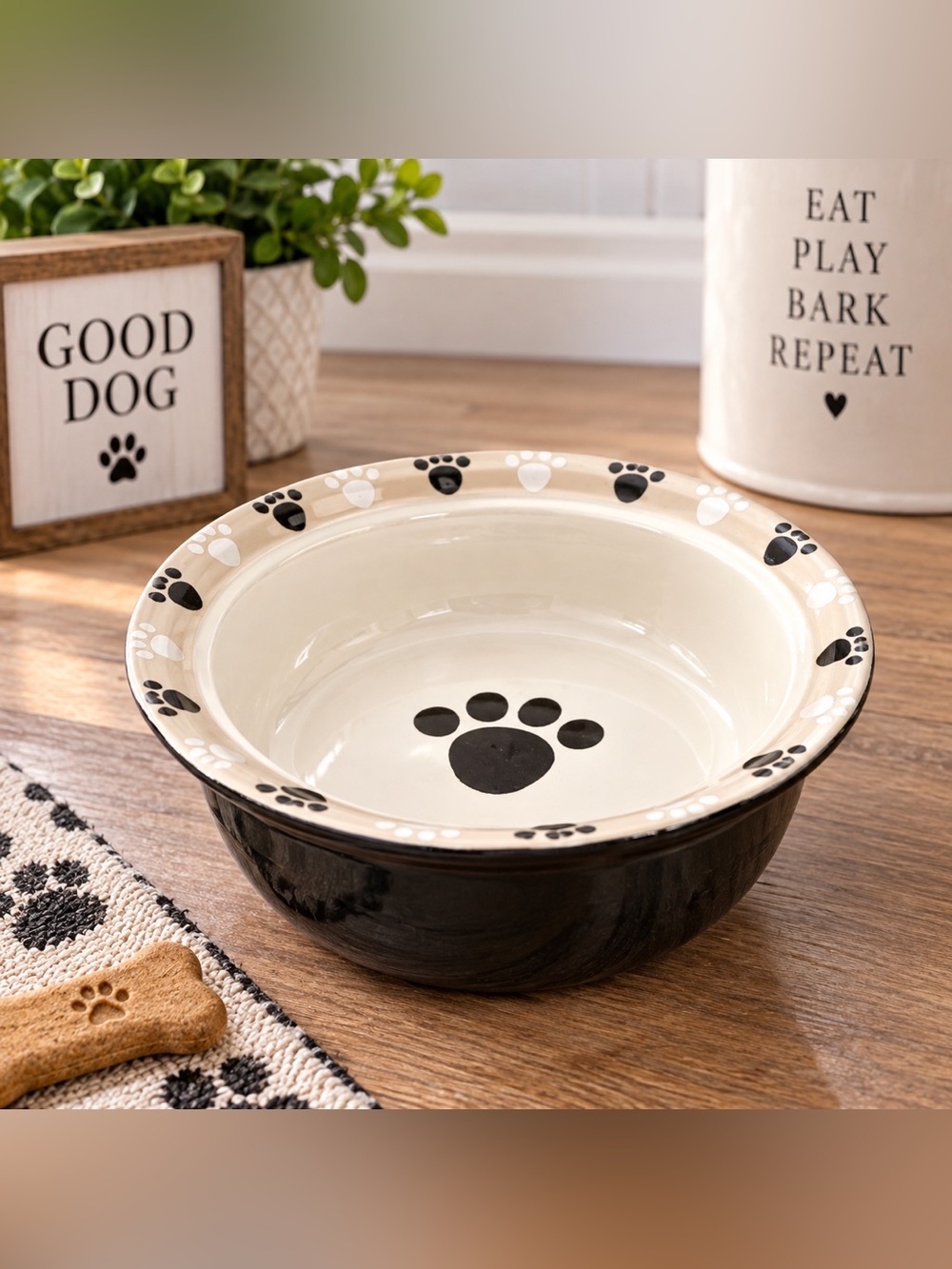 Large Ceramic Dog Bowl 9” Black Cream Paw Print Heavy Pet Dish